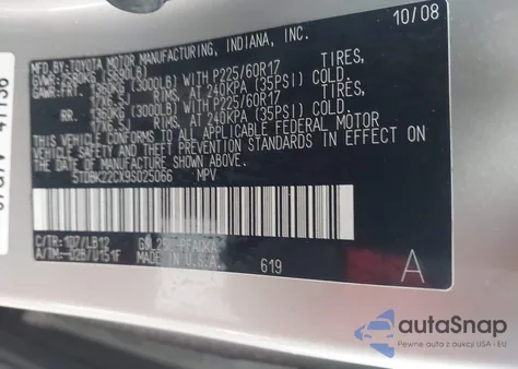 2009 Toyota Sienna Limited z USA, uszkodzony, nr VIN 5TDBK22CX9S025066